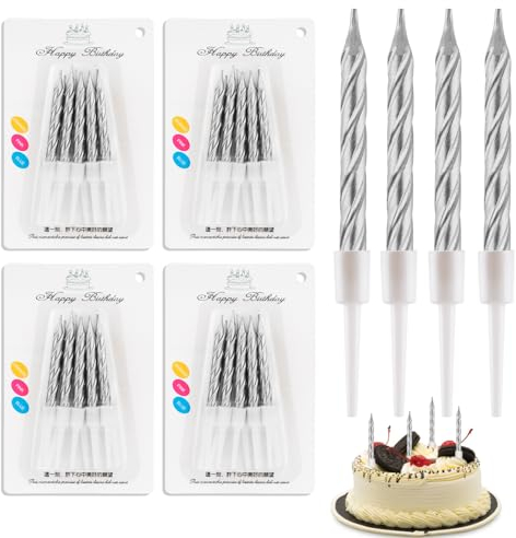 40 Stücke Geburtstagskerzen, Spiral Metallisch Kerzen Geburtstag für Torte, Kuchenkerzen mit Halterung, Kurze Dünne Kerzen für Geburtstag Hochzeit Party Kuchen Dekorationen (Silber)