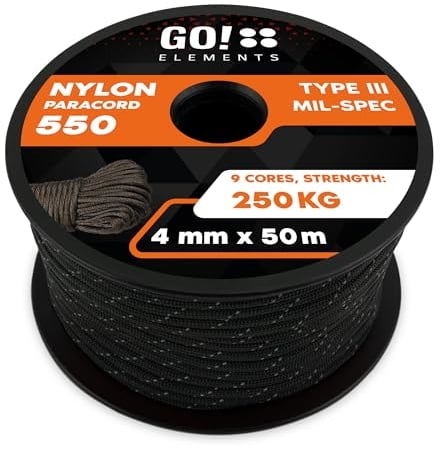 GO!elements 50m Paracord Seil aus reißfester Nylonschnur - 4mm Paracord 550 Typ III Schnur - geeignet als Allzweckseil & Reepschnur - Max. 250kg, Farbe: Schwarz-Reflektierenden