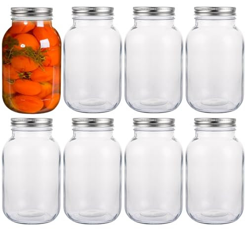 GBACHOOSE 8 Pcs Mason Jars 1L, Glass Mason Jars with Lids, Air Tight Jars Clear Glass Storage Jars for Overnight Oats, Homemade Jam, Canning Pickles Cucumber Tomatoes