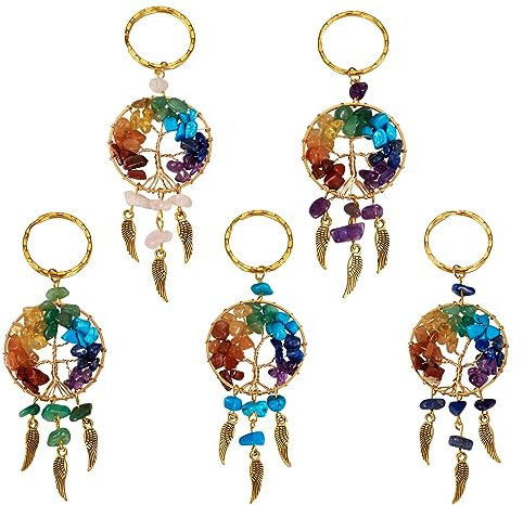 PH PandaHall PandaHall - 5 ciondoli a forma di albero della vita, con pietre preziose, ciondolo acchiappasogni, ornamenti per auto, borsa, casa, portachiavi da appendere