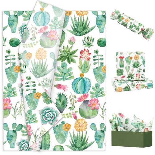 JarThenaAMCS 100 Blatt Kaktus-Seidenpapier, tropische Pflanzen, Geschenkpapier, Aquarell, Sukkulenten, Kunst, Seidenpapier für Sommer, Geburtstag, Babyparty, Basteln, 35,6 x 50,8 cm