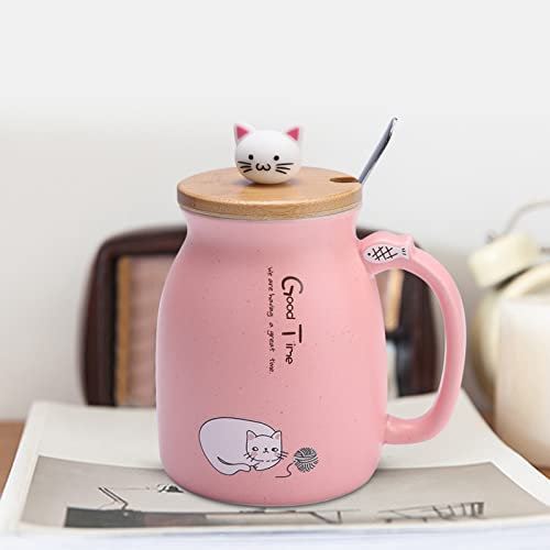Yctze 1 Bezaubernder Keramikbecher mit Katzenmotiv, mit Löffel und Deckel, Geeignet für Kaffee, Wasser, Milch, für Animal Crossing-Fans und Als (PINK)