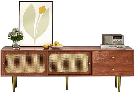 Meuble TV élégant, avec portes coulissantes en rotin et tiroirs pratiques, 2 tiroirs, 2 portes coulissantes en rotin, 4 compartiments en stratifié mobile, vert et rotin blanc (noyer, 160 x 40 x 60 cm)