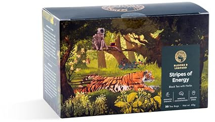 Blooms & Leopard Premium Schwarzteebeutel | Stripes of Energy | Ashwagandha, Moringa, Zimt & Spearmint | Natürliche Energie, Stressabbau & Immununterstützung | 20 Pyramiden-Teebeutel