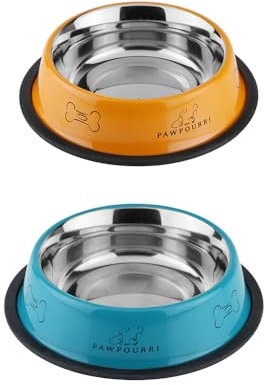 PAWPOURRI Printed Anti-Skid Stainless Steel Pet Feeding Bowl for Dogs and Cats, Durable Food and Water Feeder (23.6 fl oz, Teal & Orange) with Non-Slip Base