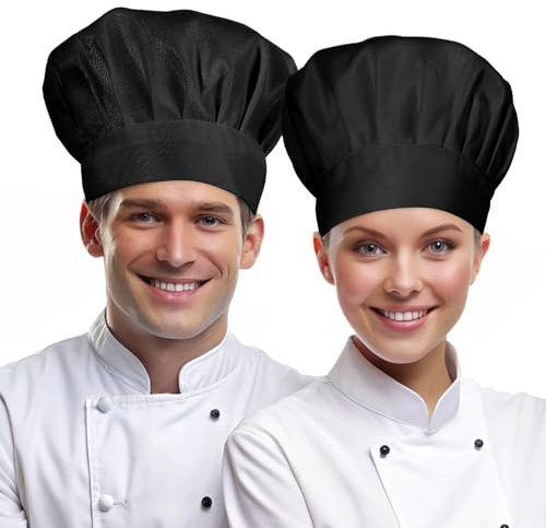2 Stück Kochmütze - Verstellbare Kochmütze für Herren und Damen - Unisex Chefkoch Mütze aus Baumwolle - Professionelle Küchenuniform für Restaurant, Kochen und Backen (Schwarz)