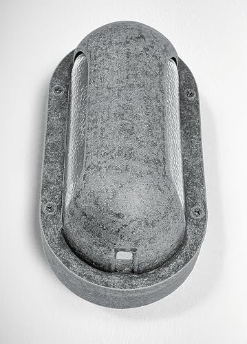 Outdoor Wandleuchte rostfrei Glas Echt-Messing 23 cm hoch oval IP64 in Zinn für E27 Maritim Ovalleuchte Kellerlampe Feuchtraumleuchte