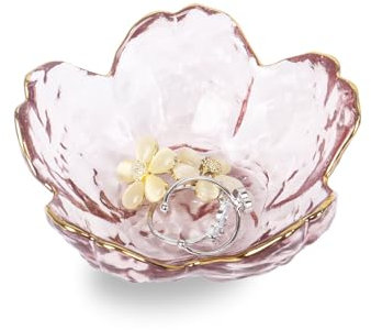 Nideen Jewellery Ring Dish Glass Floral Trinket Dish, Jewellery Plate Key Bowl for Hallways(Pink)