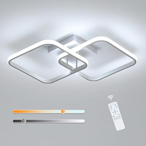 Dimmable Ceiling Light with Remote Control, 64 cm 50 W White Ceiling Lights Fixtures with 2 Square Lamps, 3000K-6500K Memory Function Brightness Adjustable, Modern Ceiling Lamp for Living Room Bedroom
