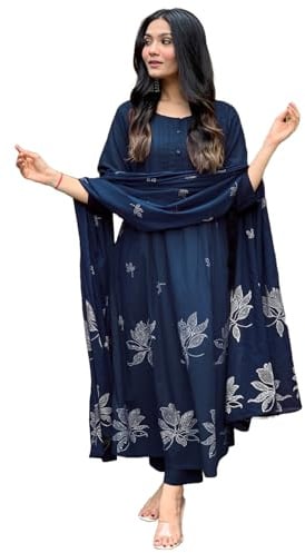 GoSriKi Women's Rayon Viscose Anarkali Printed Kurta with Pant & Dupatta, Dark Blue, 5XL