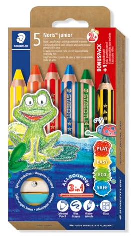 STAEDTLER Noris junior 140 Buntstifte 3 in 1 – 6er Set, Malstifte | Bunt-, Wachsmal- & Aquarellstift, dicke Mine, mit Spitzer – Kinder – Art.-Nr. 140 C6P1