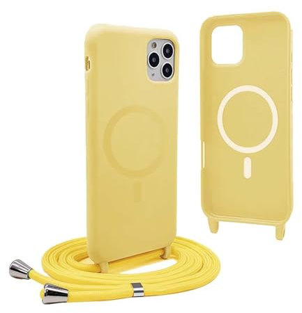 Magnetic Cover for iPhone 13 Pro Max with Lanyard, Compatible with MagSafe, Silicone Case with Adjustable Neck Strap Nylon Chain Necklace – Yellow