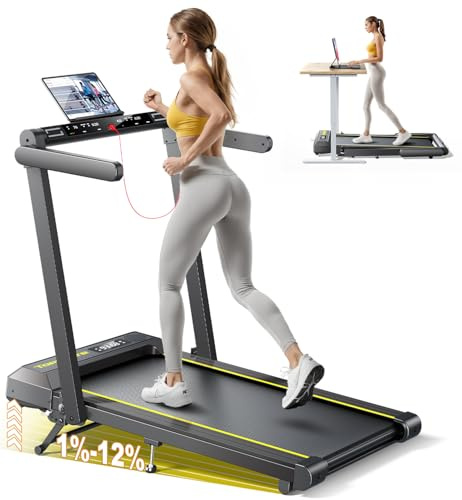 Tapis Roulant Elettrico Pieghevole 1-16km/h, Tapis Roulant con 12% Pendenza, Salvaspazio per Casa e Ufficio, Doppio Display LED, Cardiofrequenzimetro, 12 Programmi, APP e Telecomando