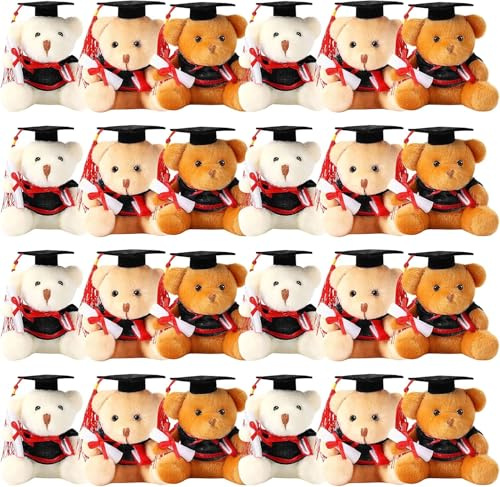 HFZCV 24Pcs Mini Graduation Bear, Graduation Stuffed Animals Bulk Teddy Bear Graduation Gifts with Black Cap for Kindergarten High School College Elementary Party (3 Colors, 9 cm)