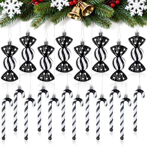 Joxessaien 20 Stück Zuckerstangen Weihnachten Deko, 8 Stück Weihnachtssüßigkeiten Dekoration und 12 Stück Christbaum Zuckerstangen, Schwarz & Weiß Tannenbaumschmuck Deko