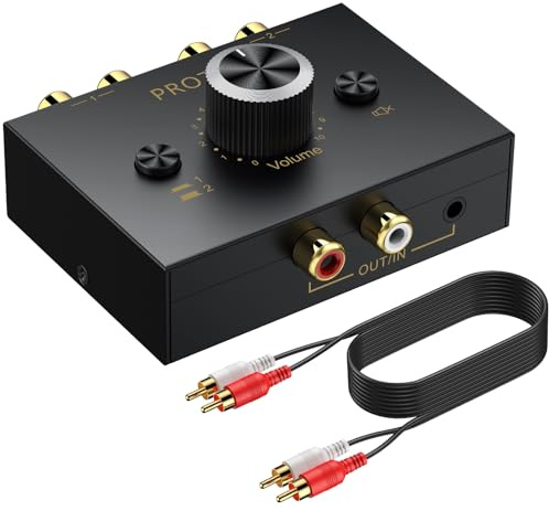 PROZOR Conmutador de Audio Estéreo Bidireccional RCA y AUX 3.5mm Selector de Sonido 1x2/2x1 con Control de Volumen y Botón Mute Switch Pasivo para Altavoces PC Amplificador Tocadiscos Reproductor CD