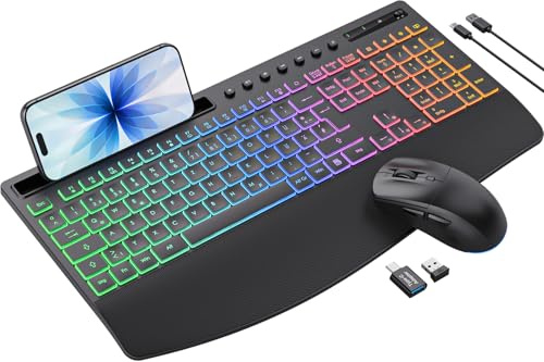 Tastatur Maus Set kabellos Beleuchtete, Wiederaufladbare, 4000 mAh Akku | Ergonomische, Telefonhalter, Leise Tippen in Voller Größe, 3 DPI Maus, 2,4GHz USB-A/USB-C für Chrome OS/Window/PC- KM22 Ultra