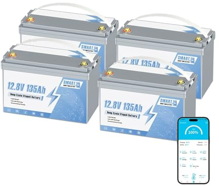 12V 135Ah LiFePO4 Lithium Battery with Built-in 100A BMS and Bluetooth 1728Wh Power for Autonomous Solar Power System in Caravan or Motorhome (4pack 12V 135Ah)