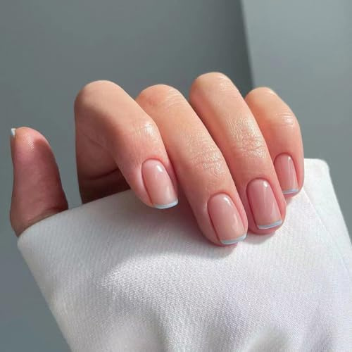 Blue French Tip False Nails - 24Pcs Short Square Press on Nails - Nude Nails with Blue French Tip Design - Full Cover Nail Tips Acrylic Press on Nails - Stick On Nails with Glue for Women