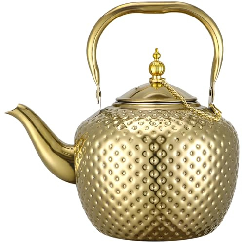 Tea Kettle, 2L Gold Stainless Steel Teapot with Infuser, Hammered Finish, Seamless Arc Handle, Curved Spout, Long-Lasting and Elegant Design