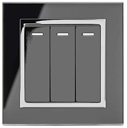 Retrotouch Crystal Triple Light Switch, Chrome Trim, 2-Way, 10AX, Black Glass