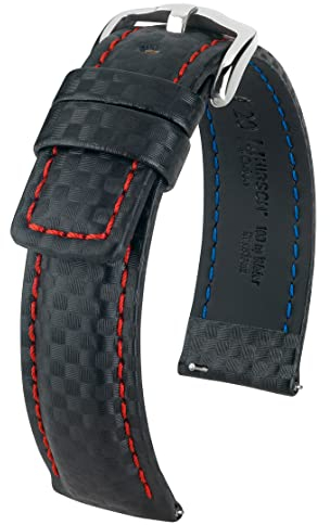HIRSCH Herren Uhrenarmband Karbon Style Modell Carbon Größe Uhr 18 mm/Schließe 16 mm, Farbe Schwarz/rot