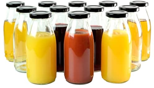 gouveo 12er Set Saftflasche 250 ml mit Schraubdeckel schwarz-matt BS - Glasflasche 0,25 l mit TO43 Verschluss - Leere Flasche für Saft, Smoothie, Limonade (SF250SZ)