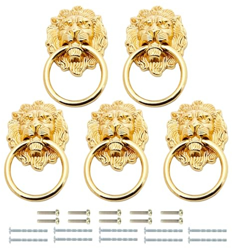 Mgoodoo 5pcs Dresser Drawer Pulls,Gold Furniture Knob Zinc Alloy Lion | Vintage Style Kitchen Knobs for Cupboard Wardrobe,Cabinet,Easy Install Furniture Hardware,Zinc Alloy,Farmhouse