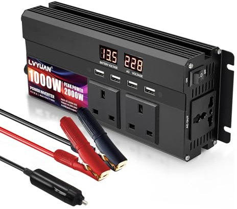 LVYUAN Power Inverter 1000W /2000W DC 12V to 240V 230V AC Car Converter | 4 USB 3 AC Sockets Car Adapter Dual LED Display Cooling Fan