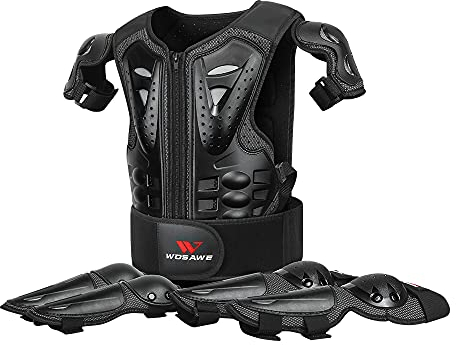 WOSAWE Kinder-Schutzkleidung mit Knieschoner Ellenbogenschoner Schutz Weste Motorrad Ganzkörperschutz Rüstung für Ski Snowboard Motocross Sport (MO467 Sets Schwarz)