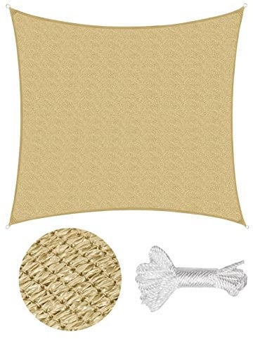 Sekey Sonnensegel 5x5m, Sonnenschutz, Quadratisch HDPE-Kunststoff, Winddicht Wasserdurchlässig UV-beständig Atmungsaktiv Reißfest, für Balkon Garten, mit Ösen und Befestigungsseile, Sand