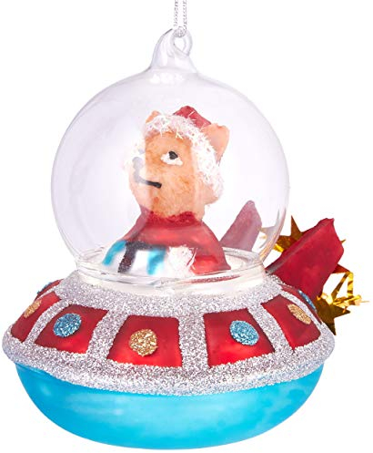 BRUBAKER Hund im Sternen UFO Rot - Handbemalte Weihnachtskugel aus Glas - Mundgeblasener Christbaumschmuck Figuren lustig Deko Anhänger Baumkugel - 10 cm