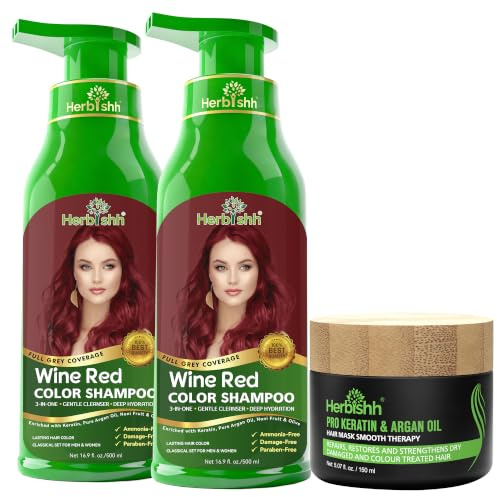 Herbishh Ultimate Hair Color Shampoo Kit (2 Stück Hair Color Shampoo + Argan Hair Mask) für graues Haar Permanentes Haarfärbeshampoo für Männer und Frauen Langanhaltendes Shampoo (Wine Red)
