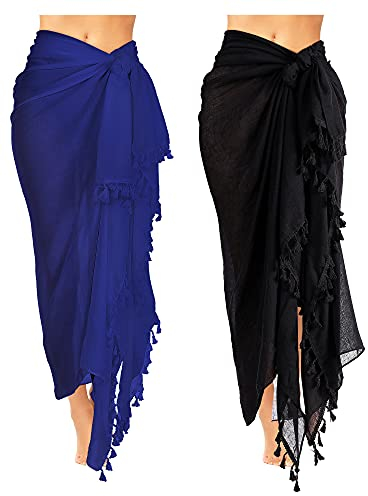 Boao 2 Stück Damen Strand Lang Sarong Badeanzug mit Quaste (Schwarz, Königsblau, XL)