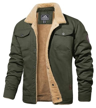 MAGCOMSEN Veste d'hiver en polaire pour homme - Veste d'aviateur militaire - Coupe-vent - Col montant - Veste doublée chaude avec 5 poches, Vert armée., XXXL