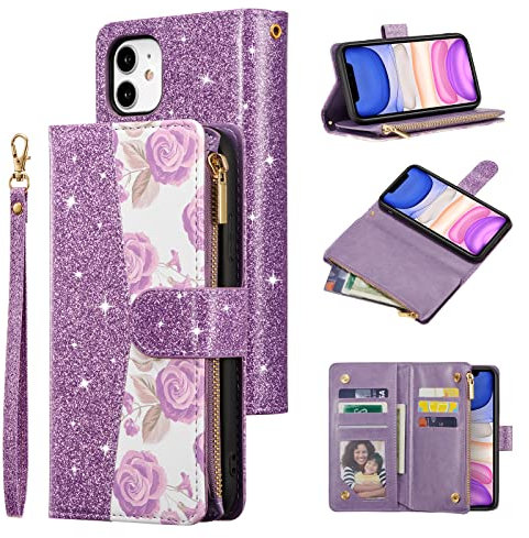 QLTYPRI Case for iPhone 11 6.1, Large Capacity Leather Wallet Case Card Slots & Zipper Pocket Kickstand Glittering Rose Design Protective Cover for iPhone 11 6.1 - Purple