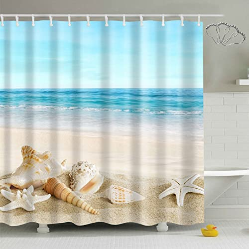 DKLFYDBG Stoff Strand Duschvorhang 180x200 Anti-Schimmel Waschbar Blaue Ozean Landschaft, Seashell Seestern Tropisch 3D Duschvorhänge Badezimmer Wasserdicht beschwert (180 x 200 cm)