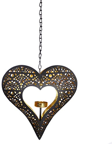 Tea Light Holder Candle Lantern Hanging Heart Tealight Holder Outdoor Garden Alfresco Décor (Black & Gold)