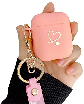 Fycyko Kompatibel mit AirPods Hülle, Airpods Hülle 2 Generation und Airpods Hülle 1 Generation Aesthetic Gold Love Herzen Cute Muster mit Schlüsselanhänger Silikon Girls Case für Airpods 2 & 1 - Rosa
