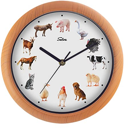SELVA Tieruhr, Wanduhr, mit Tierlauten zu jeder Stunde und farbenfrohe Illustrationen, Gehäuse aus Kunststoff, Holzoptik, Farbe:Bauernhoftiere
