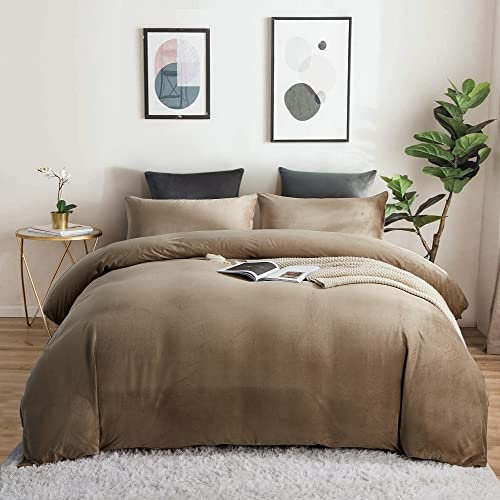 Lanqinglv Braun Bettwäsche Set 220x240 cm Flauschig Biber Warme Coral Fleece Flanell Winter Plüsch Uni Bettbezug Cashmere Touch mit Reißverschluss Doppelbett und 2 Kissenbezug 80x80 cm