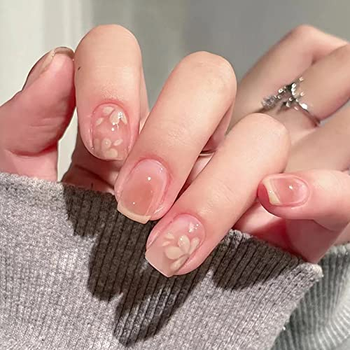 24 Pcs False Nails Short, Square Nude Press on Nails with Flower Designs, Gradient Pink French Tip Falses Nail, Stick on Nails for Women, Acrylic Fake Nails with Adhesive Tabs for Nails Art Decoration