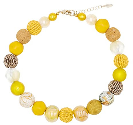 Feliss Handmade: Ketten aus Perlen, Halskette Damen. Statement Kette 45 cm lang in Boho Style. Choker Halsband, aesthetic Necklace Schmuck. Beads Perlenkette für Frauen in gelb mit Keramikperlen