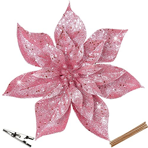 Oairse Set di 8 fiori di Natale con glitter artificiali, stelle di Natale con clip per decorazioni fai da te, fiori artificiali per feste, centrotavola, ornamenti di Capodanno, rosa