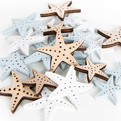 Logbuch-Verlag 24 kleine Seesterne aus Holz Maritime Deko Streudeko Tischdeko 3-5 cm blau weiß Natur