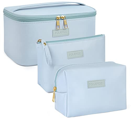 3 Stück MAANGE Make up Tasche (L+M+S), Kleine Kosmetiktaschen für Handtasche Groß Schminktasche für Damen PU Leder Reise Kosmetiktasche Kleine mit Fächern Make up Tasche für Mädchen Frauen, Blau
