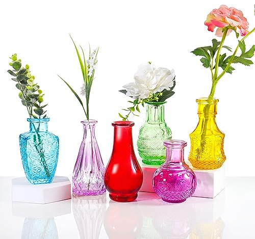 6 jarrones pequeños de cristal coloridos, mini floreros de cristal de colores dulces a granel para el hogar, centros de mesa de comedor, decoración de sala de comedor