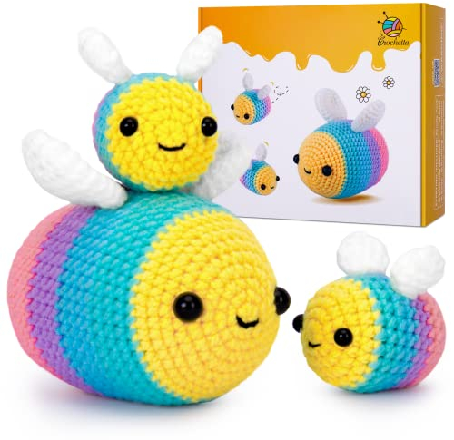 Crochetta Häkelset für Anfänger – Starter-Set mit Video-Tutorials für Erwachsene und Kinder, Strickset mit 3 Bienenfamilien (40%+ Garn)