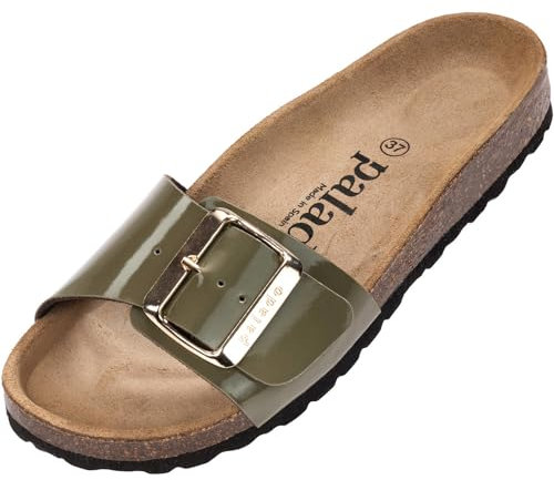 Palado Pantoletten Damen Malta EGS Lack – bequeme Sandalen Made in Spain - Hausschuhe mit dämpfendem Kork-Fußbett - modische Sommerschuhe Khaki UK4,5 - EU37