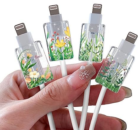 DiyGody Glitter Bling Cable Protector for iPhone Type-c Charger, Sparkle Green Grass Pattern 4 PCS Set Phone Charger Saver